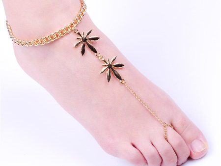 18K Gold Plated Floral Figaro Anklet & Toe Ring Set Hot on Sale