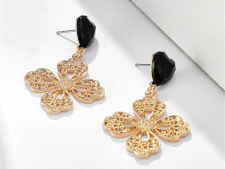 Black Crystal & 18K Gold-Plated Filigree Heart Floral Drop Earrings For Cheap