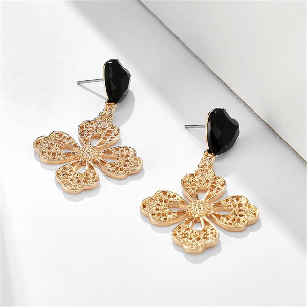 Black Crystal & 18K Gold-Plated Filigree Heart Floral Drop Earrings For Cheap