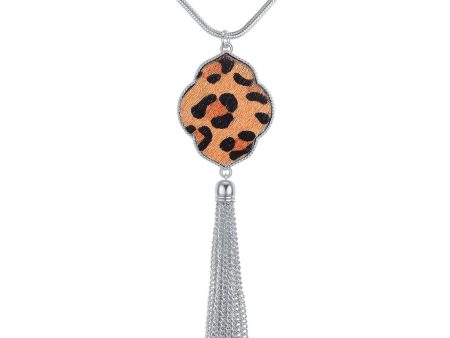 Tan & Platinum Leopard Lattice Tassel Pendant Necklace Discount