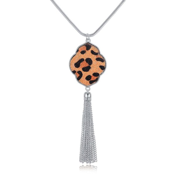 Tan & Platinum Leopard Lattice Tassel Pendant Necklace Discount