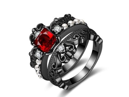 Red Crystal & Pearl Black-Tone Crown Ring Set Discount