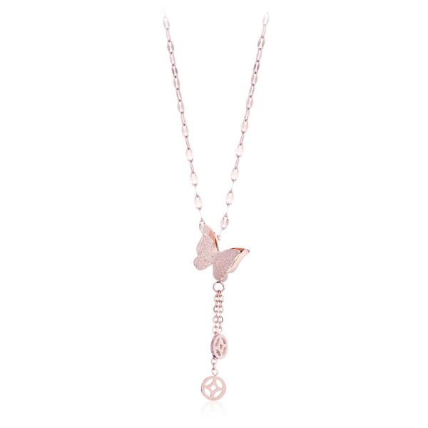 18K Rose Gold-Plated Frosted Butterfly Coin Tassel Pendant Necklace Supply