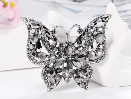 Black Crystal & Cubic Zirconia Silver-Plated Butterfly Brooch For Sale