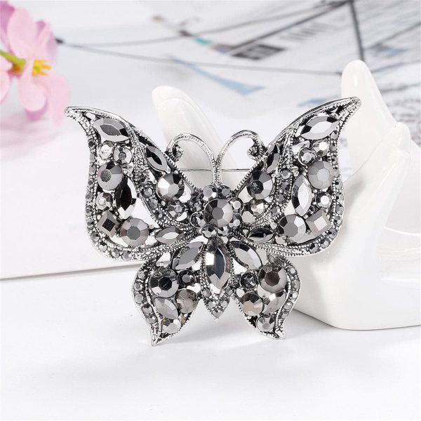 Black Crystal & Cubic Zirconia Silver-Plated Butterfly Brooch For Sale