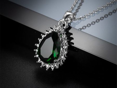 Green Crystal & Silver-Plated Pear-Cut Halo Pendant Necklace on Sale