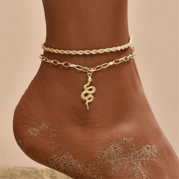 18K Gold-Plated Snake Charm Anklet & Rope Chain Anklet For Sale