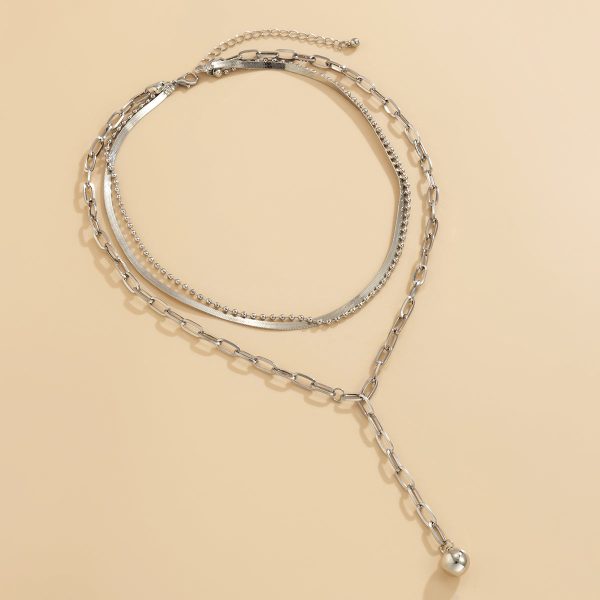 Silver-Plated Snake Chain Bead Drop Layered Necklace Cheap