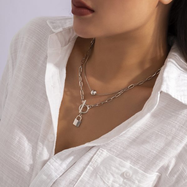 Silver-Plated Lock Pendant Necklace Set on Sale