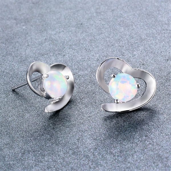 White Opal & Silver-Plated Heart Stud Earrings Cheap