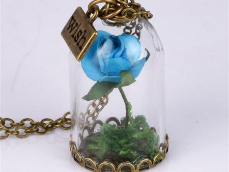 Blue & Green  Wish  Encased Rose Pendant Necklace Discount