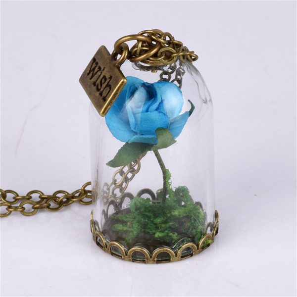 Blue & Green  Wish  Encased Rose Pendant Necklace Discount