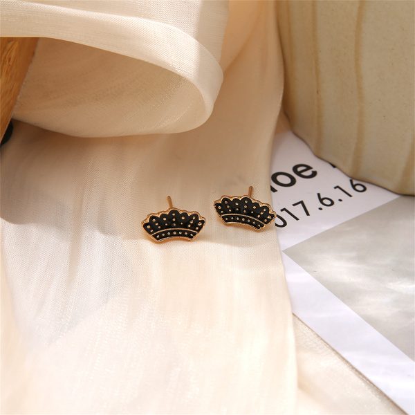 18K Gold-Plated & Black Enamel Crown Stud Earrings Cheap