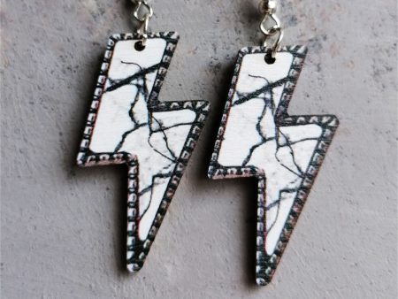 White & Black Marble-Print Lightning Bolt Drop Earrings Fashion