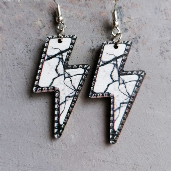 White & Black Marble-Print Lightning Bolt Drop Earrings Fashion