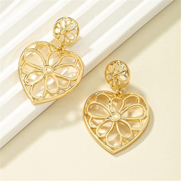 18K Gold-Plated Openwork Floral Heart Drop Earrings Sale