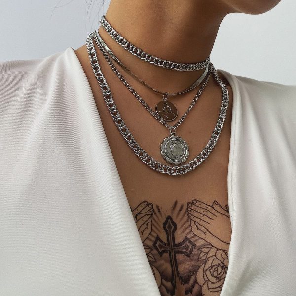 Silver-Plated Coin Layered Pendant Necklace Set Sale