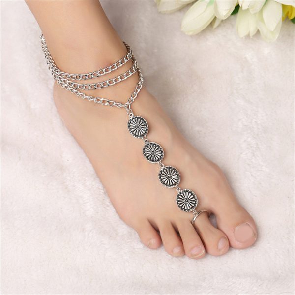 Silver-Plated Floral Four-Plate Anklet & Toe Ring Set Online Sale