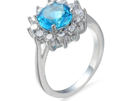 Sea Blue Cubic Zirconia & Silver-Plated Flower Ring For Cheap