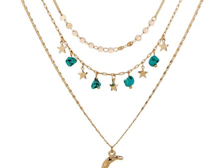 Turquoise & 18K Gold-Plated Layered Celestial Necklace For Sale