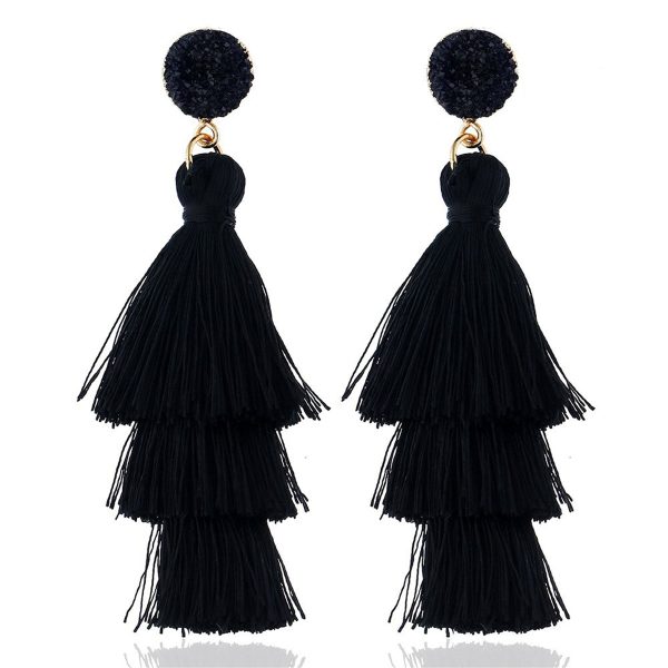 Black Tri-Layered Tassel Drop Earrings For Discount