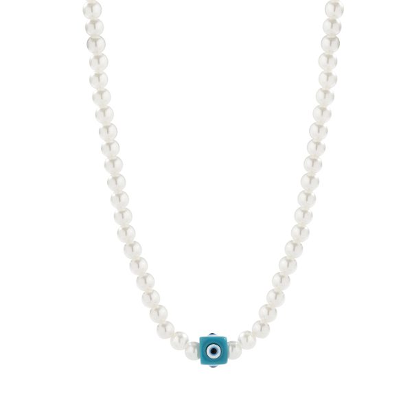 Blue Acrylic & Pearl Evil Eye Cube Pendant Necklace Online