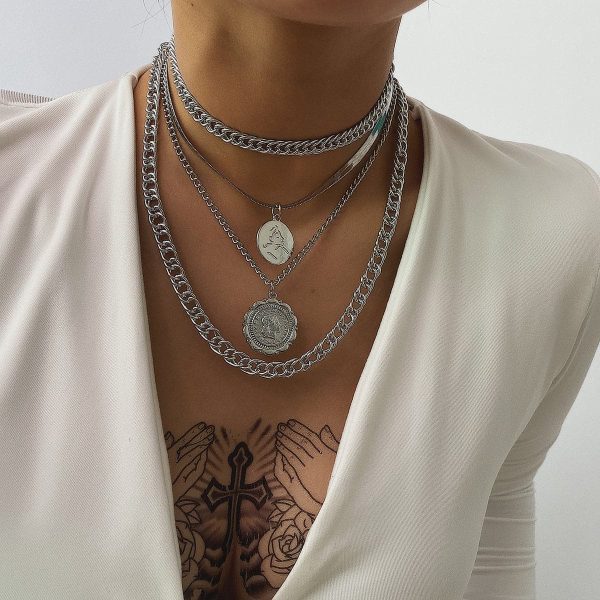 Silver-Plated Coin Layered Pendant Necklace Set Sale