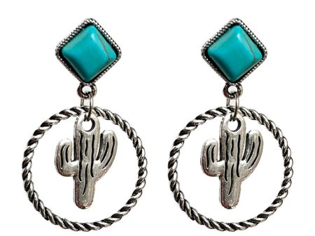 Turquoise & Silver-Plated Cactus Drop Earrings Fashion