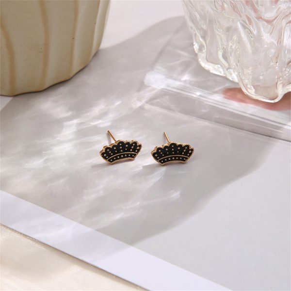 18K Gold-Plated & Black Enamel Crown Stud Earrings Cheap