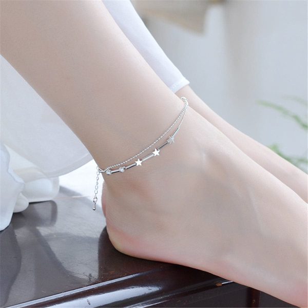 Silver-Plated Star & Bead Double-Strand Anklet Hot on Sale