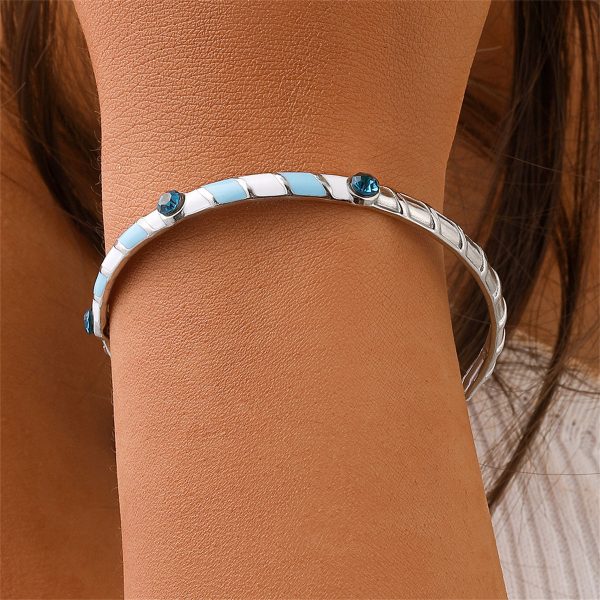 Blue Cubic Zirconia & Stainless Steel Stripe Cuff Online now