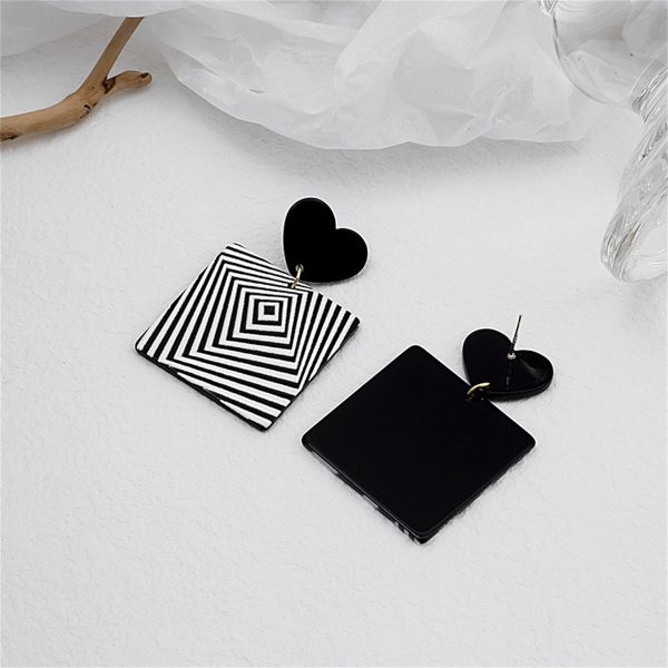 Black & White Acrylic Heart Abstract Square Drop Earrings Hot on Sale