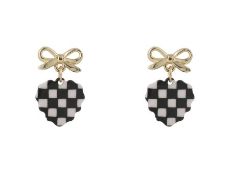 Black & White Acrylic Checkerboard Bow Heart Drop Earrings Cheap