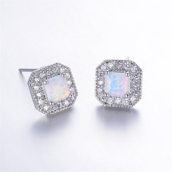 White Opal Princess-Cut Halo Stud Earrings Online Sale