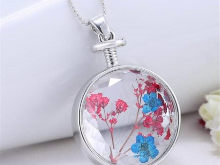 Blue & Pink Peach Blossom & Resin Round Pendant Necklace on Sale