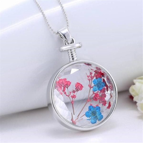 Blue & Pink Peach Blossom & Resin Round Pendant Necklace on Sale