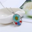 Blue & Red Pressed Flower Oval Pendant Necklace Sale