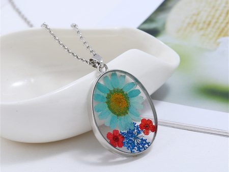 Blue & Red Pressed Flower Oval Pendant Necklace Sale