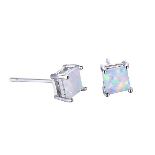 White Opal & Silver-Plated Princess Cut Stud Earrings Online Hot Sale