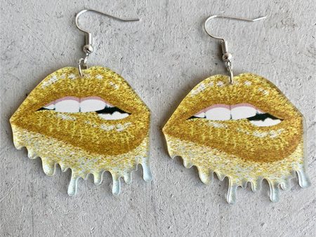 Yellow Glitter-Print Lip Bite Drop Earrings on Sale