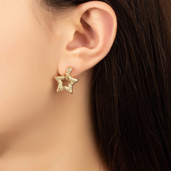 18K Gold-Plated Textured Star Drop Earrings For Sale