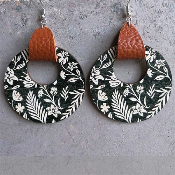 Black & White Floral Wood Round Drop Earrings For Cheap