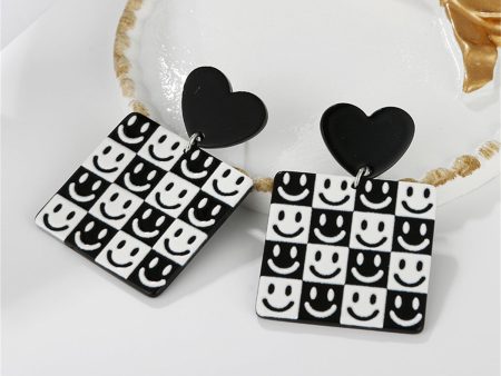 Black & White Heart Smiley Square Drop Earrings Fashion