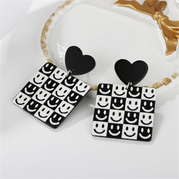 Black & White Heart Smiley Square Drop Earrings Fashion