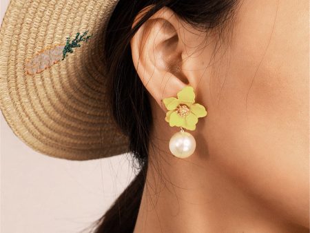 Yellow Acrylic & Pearl Flower Drop Earrings Online