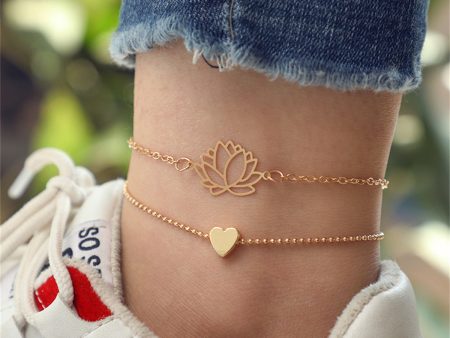 18K Gold-Plated Lotus & Heart Charm Anklet Set Online now