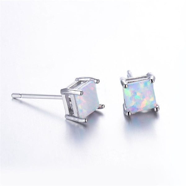 White Opal & Silver-Plated Princess Cut Stud Earrings Online Hot Sale