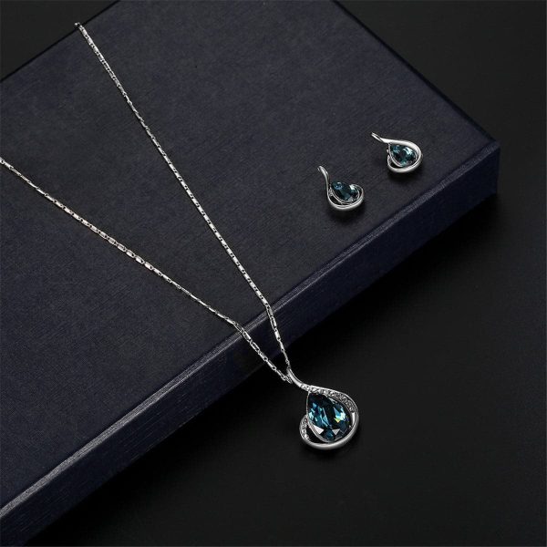 Blue & Silver-Plated Pear Pendant Necklace & Drop Earrings For Cheap