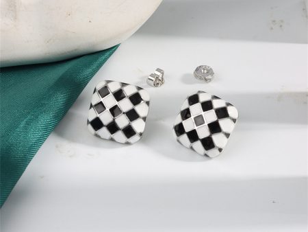 Black & White Silver-Plated Checkerboard Square Stud Earrings Discount