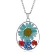 Blue & Red Pressed Flower Oval Pendant Necklace Sale